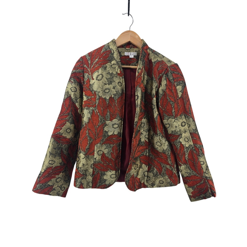 Erin by Erin London Jacket Women Small Red Gold Floral Brocade Open Front Blazer
